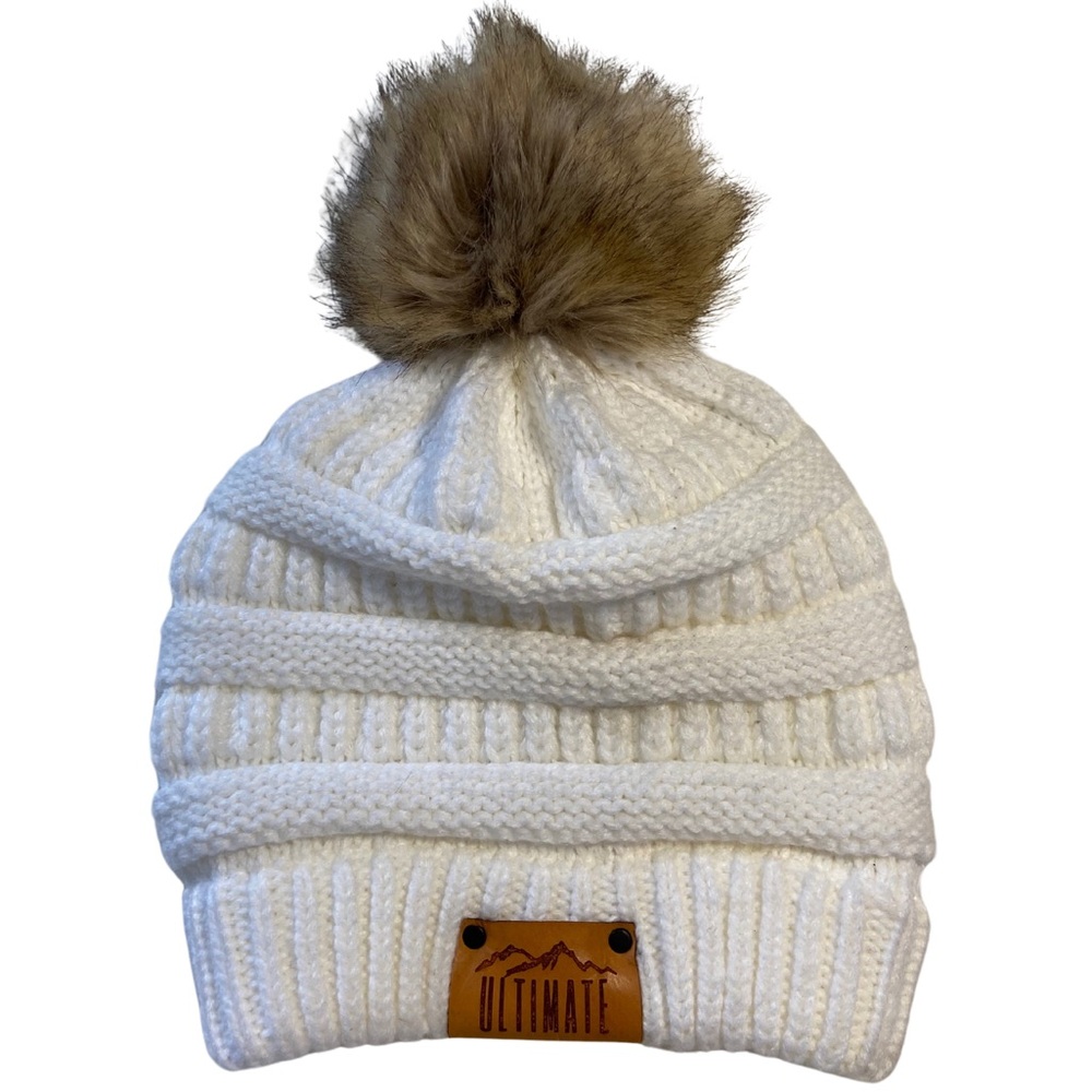 C.C Leather Patch Ultimate Fur Pom Pom Cuff Beanie White OS